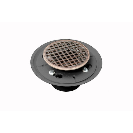 Jones Stephens 2in. x 3in. PVC Shower Drain with 2in. PVC Spud and 4in. Round Old World Bronze Strainer D5001WB